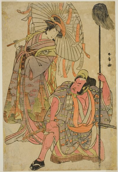 Skuespillerne Ichimura Uzaemon IX som Hata no Daizen Taketora forkledd som Yakko Matahei (til høyre), og Iwai Hanshiro IV som Umegae forkledd som Poem-Diviner Omatsu (til venstre), i stykket Mukashi Otoko Yuki no Hinagata, fremført på Ichimura Theatre i t av Katsukawa Shunsho