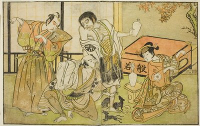 Skuespillerne Iwai Hanshiro IV som Otatsu-gitsune, Nakamura Nakazo I som Raigo Ajari, Sakata Tojuro III som Kamada Gon-no-kami Masayori, og Ichikawa Yaozo II som Sakon-gitsune (høyre til venstre), i stykket "Nue no Mori" Ichiyo no Mato," fremførte på Nakam av Katsukawa Shunsho