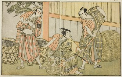 Skuespillerne Kasaya Matakuro II som Hagun Taro (til høyre), Ichikawa Monnosuke II som Izutsu no Suke Narihira (i midten), og Nakamura Nakazo I som Kose no Kanaoka forkledd som Sogoro the Charcoal Maker, i stykket Kuni no Hana Ono no Itsumoji, fremført på  av Katsukawa Shunsho