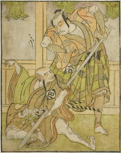 Kasaya Matakuro II som Nobuyori forkledd som Yakko Gunnai (til høyre), og Miyazaki Hachizo som lekmunken Hambyo Nyudo (til venstre), i stykket Nue no Mori Ichiyo no Mato, fremført på Nakamura Theatre i den ellevte måneden, av Katsukawa Shunsho