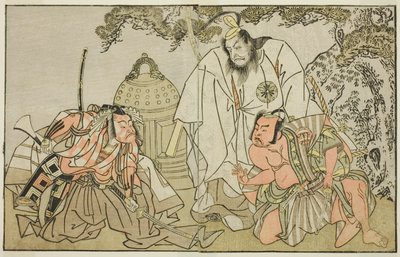 Skuespillerne Nakajima Mihoemon II som Aramaki Mimishiro (til høyre), Matsumoto Koshiro II som Otomo no Yamanushi (i midten), og Ichikawa Danzo III som Hannya no Goro (til venstre), i stykket Kuni no Hana Ono no Itsumoji, fremført på Nakamura Theatre i det av Katsukawa Shunsho