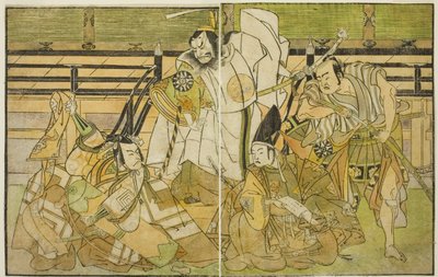 Skuespillerne Nakamura Denkuro II som Seno-o Taro, Ichikawa Komazo II som Yorimasa, Nakamura Nakazo I som Taira no Kiyomori, og Ichikawa Danjuro V som Kiou Takiguchi (høyre til venstre), i Play Nue no Mori Ichiyo no Mato, fremført kl. Nakamura Theatre i th av Katsukawa Shunsho
