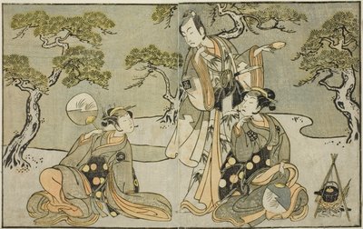 Skuespillerne Nakamura Nakazo I som Matsukaze (til høyre), Ichikawa Komazo II som Ariwara no Yukihira (i midten), og Iwai Hanshiro IV som Murasame (til venstre), i stykket Kuni no Hana Ono no Itsumoji, fremført på Nakamura Theatre i det ellevte Måned, 1771 av Katsukawa Shunsho