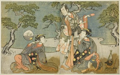 Skuespillerne Nakamura Nakazo I som Matsukaze (til høyre), Ichikawa Komazo II som Ariwara no Yukihira (i midten), og Iwai Hanshiro IV som Murasame (til venstre), i stykket Kuni no Hana Ono no Itsumoji, fremført på Nakamura Theatre i det ellevte Måned, 1771 av Katsukawa Shunsho