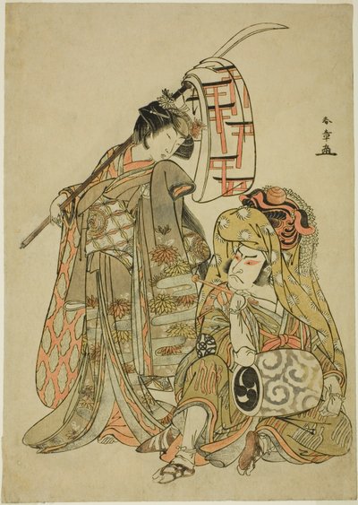 Skuespillerne Nakamura Nakazo I som Onmaya Kisanda kledd som Kakubei the Lion Dancer (Kakubei-jishi) (til høyre) og Segawa Kikunojo III som Shizuka Gozen (til venstre), i dansesekvensen "Myoto-zake Kawaranu Nakanaka" (Evig harmoni av ekteskapet ) Cup), fra av Katsukawa Shunsho
