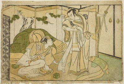 Skuespillerne Nakamura Nakazo I som Taira no Kiyomori (til høyre), og Yamashita Kinsaku II som Tokiwa Gozen (til venstre), i Play Nue no Mori Ichiyo no Mato, fremført på Nakamura Theatre i den ellevte måneden, 1770 av Katsukawa Shunsho