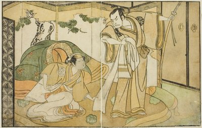 Skuespillerne Nakamura Nakazo I som Taira no Kiyomori (til høyre), og Yamashita Kinsaku II som Tokiwa Gozen (til venstre), i Play Nue no Mori Ichiyo no Mato, fremført på Nakamura Theatre i den ellevte måneden, 1770 av Katsukawa Shunsho