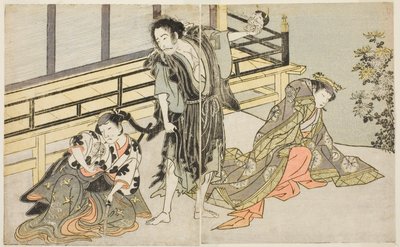 Skuespillerne Nakamura Noshio I som Nyosan no Miya (til høyre), Ichikawa Danjuro V som Renegade Monk Yochin (i midten), og Yamashita Kinsaku II som Maid Mutsuhana (til venstre), i stykket Fuki Kaete Tsukimo Yoshiwara, fremført på Morita Theatre i de elleve av Katsukawa Shunsho