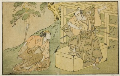 Skuespillerne Onoe Matsusuke I som Akaboshi Taro (til høyre), og Azuma Tozo II som Shirotae (til venstre), i stykket Kono Hana Yotsugi no Hachi no Ki, fremført på Ichimura Theatre i den ellevte måneden, 1771 av Katsukawa Shunsho