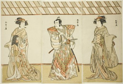 Skuespillerne Onoe Tamizo I som Nishikigi (?) eller Otae (?) (til høyre), Ichikawa Danjuro V som Miura Heidayu Kunitae (?) (i midten), og Osagawa Tsuneyo II som Oyuki (?) (til venstre), i Play Date Nishiki Tsui no Yumitori (?), fremført på Morita Theatre ( av Katsukawa Shunsho