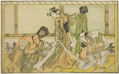 Skuespillerne Otani Hiroji III som Kawazu no Saburo (til høyre), Segawa Kikunojo II som prinsesse Tatsu (Tatsu Hime) (i midten), og Nakamura Sukegoro II som Matano no Goro (til venstre), i stykket Myoto-giku Izu no Kisewata, fremført på Ichimura Theatre in av Katsukawa Shunsho