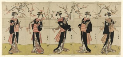 Skuespillerne Segawa Kikunojo III som Karigane Obun, Nakayama Tomisaburo I som An no Oyasu, Iwai Kiyotaro II som Kaminari no Osha, Nakayama Tatezo I som Gokuin no Osen, og Ichikawa Monnosuke II som Hotei no Oichi (høyre til venstre), i "Gonin" Onna," scene av Katsukawa Shunsho