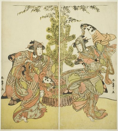 Skuespillerne Segawa Kikunojo III som Yasukata (til høyre), og Iwai Hanshiro IV som Utou (til venstre) i stykket Godai Genji Mitsugi no Furisode, fremført på Nakamura Theatre i den ellevte måneden, 1782 av Katsukawa Shunsho
