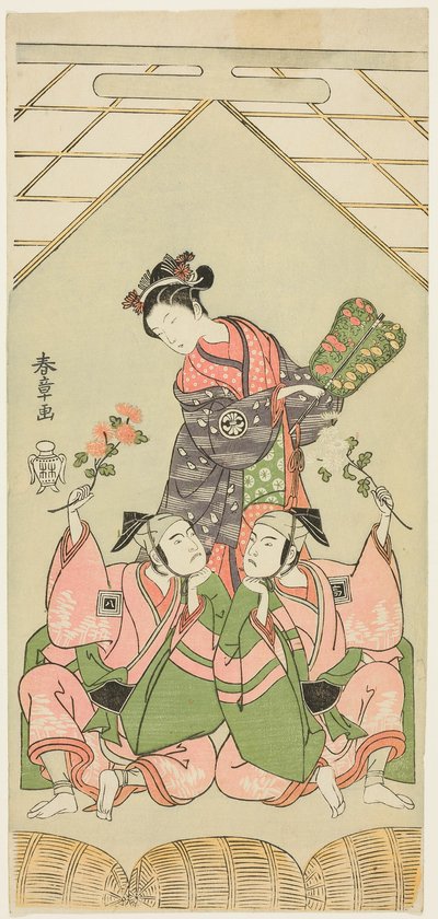 Skuespillerne Segawa Kikunojo II som den våte sykepleieren Reizei, Ichikawa Komazo I som Suruga no Hachiro i form av Shamisen-spilleren Kichiroku (til høyre), og Ichikawa Yaozo II som Tada no Kurando i form av Palanquin-bæreren Kichinai (til venstre), i sc av Katsukawa Shunsho