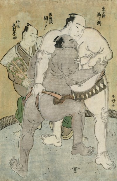 Brytekampen mellom Komosubi fra Eastern Group, Uzugafuchi Kan'dayu og Maegashira fra Western Group, Sekinoto Hajiroji, dømt av Kimura Shinosuke (farget treblokktrykk) av Katsukawa Shunsho