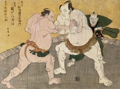 Brytekampen mellom Kimenzan Tanigoro og Edogasaki Gemji (farget treblokktrykk) av Katsukawa Shunsho
