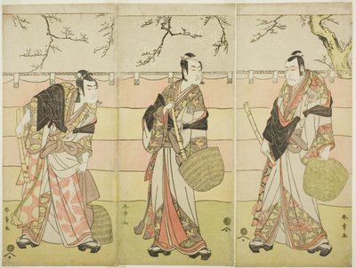 Three Komuso Monks: The Actors Ichikawa Ebizo (Danjuro V) som Kudo Suketsune (til høyre), Ichikawa Monnosuke II som Soga no Juro Sukenari (i midten), og Ichikawa Omezo I som Soga no Goro Tokimune (til venstre), i stykkets sjette akt Waka Murasaki Edokko So av Katsukawa Shunsho