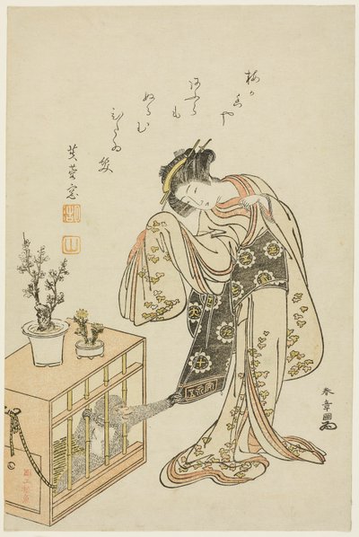 Ung kvinne med en ape i bur (kalendertrykk for nyttår 1776) av Katsukawa Shunsho