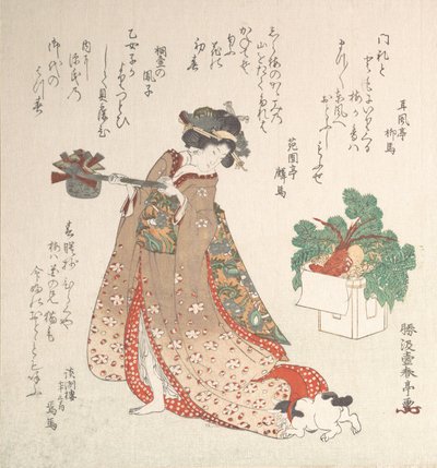 Ung kvinne som bærer en vingryte til nyttårsseremonien, ca. 1815. av Katsukawa Shuntei