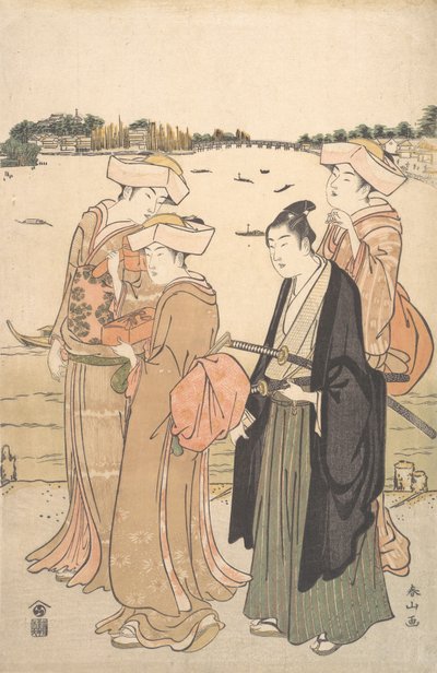 En ung samurai og tre kvinner, ca. 1789. av Katsukawa Shunzan