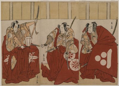 Ichikawa Monnosuke II som Urabe Suetake, Onoe Matsusuke I som Usui Sadamitsu, og Nakamura Nakazo I som Watanabe no Tsuna i The Four Heavenly Kings Costumed as the Night Watch av Katsukawa Shunzan