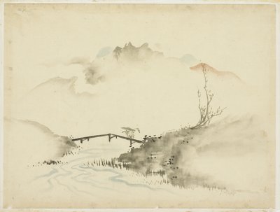 Landskap med Farmer Crossing Bridge, 1615-1868 (blekk og farge på papir) av Katsushika (school of) Hokusai