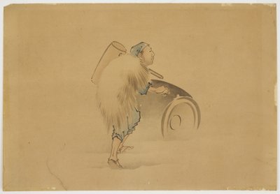 Man with Mallet Rolling Barrel, ca. 1850 (blekk og farge på papir) av Katsushika (school of) Hokusai