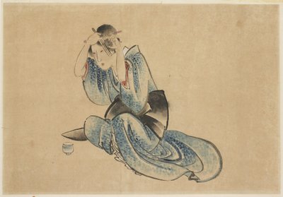 Sittende dame ved toalettet hennes av Katsushika (school of) Hokusai