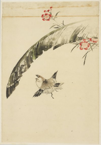 Spurv og bananblad og rosa, 1615-1868 (blekk og farge på papir) av Katsushika (school of) Hokusai