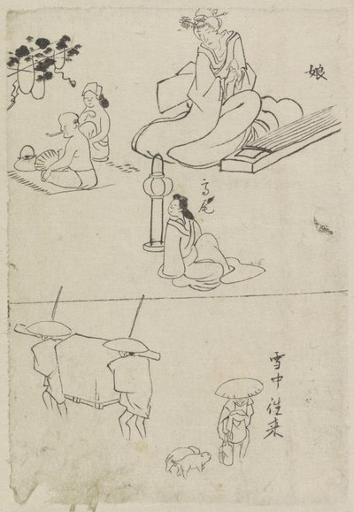 Ulike forestillinger, blant annet en dame med koto, en sittende dame og to menn av After Katsushika Hokusai