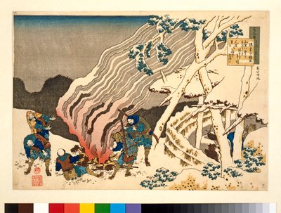0H Riches 1913 Hunters ved en ild i snøen, fra serien '100 Poems Explained by the Nurse' ('Hyakunin isshu uba ga etoki'), ca. 1835-38 av Katsushika Hokusai