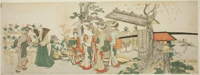 En gruppe unge kvinner på vei inn i hagen til en hagebruker av Katsushika Hokusai