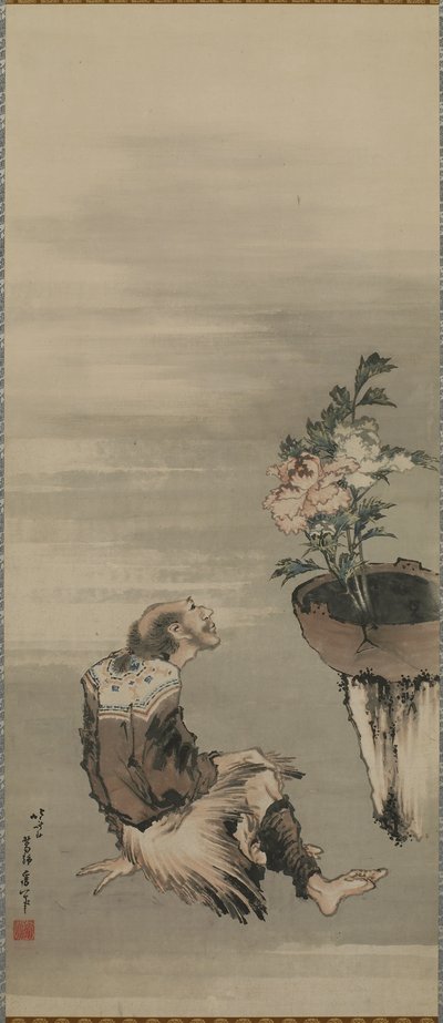 En sittende mann som ser på peoner i potte, Edo-perioden (blekk og farge på papir) av Katsushika Hokusai