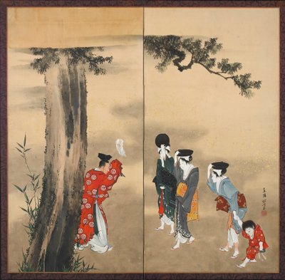 En Shinto-prest, tre kvinner og et barn, Edo-perioden, ca. 1799 (blekk, gull og farge på papir) av Katsushika Hokusai