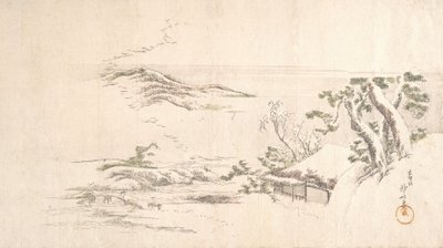 Et snøkledd landskap med grå skyer, ca. 1800. av Katsushika Hokusai