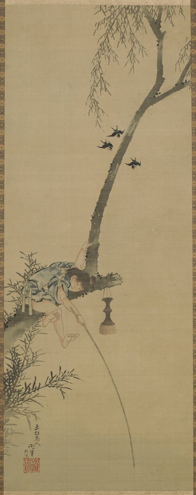 En gutt som fisker fra lem av et tre, Edo-perioden (blekk og fargetone på silkepanel) av Katsushika Hokusai