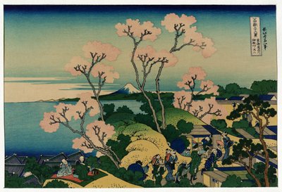 En gruppe japanere under kirsebærtrær ved blomstringen, i Shinagawa, Tokaido Road, Japan, med utsikt over Fuji-fjellet i det fjerne av Katsushika Hokusai