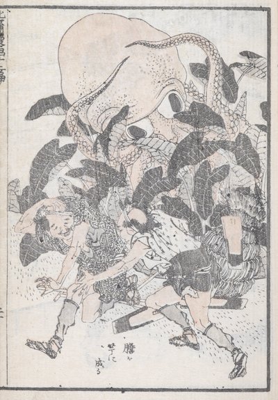 En blekksprut overmanner to personer av Katsushika Hokusai