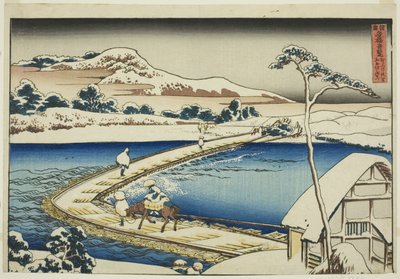 Ancient View of the Pontoon Bridge at Sano i Kozuke-provinsen (Kozuke Sano funabashi no kozu), fra serien "Uvanlige utsikter over kjente broer i forskjellige provinser (Shokoku meikyo kiran)" av Katsushika Hokusai