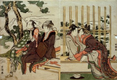 Azuma og Yogoro i den gamle snøen. Koman og Yosaku i solnedgangen av Katsushika Hokusai