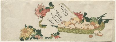 Kurv med vifte, krysantemum og sopp av Katsushika Hokusai