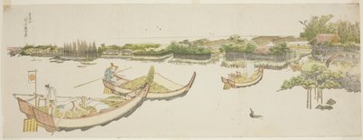 Båter som frakter ris på Sumida-elven av Katsushika Hokusai