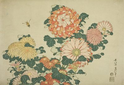 Chrysanthemums and Bee, fra en serie med store blomster uten tittel, ca. 1833-34 av Katsushika Hokusai