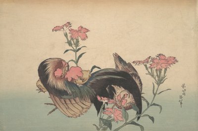 Cock, Hen og Nadeshiko Dianthus Superbus. av Katsushika Hokusai