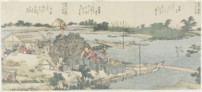 Crane and Pine Field i Shirahige, Taya ved Hashiba, 1775-1849 av Katsushika Hokusai