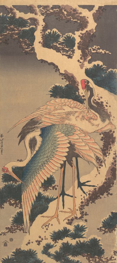 Traner på gren av snødekt furu, slutten av 1820-årene. av Katsushika Hokusai