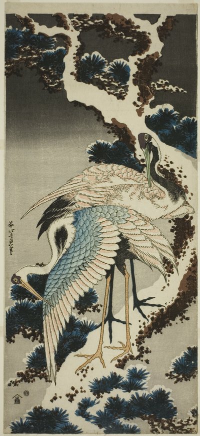 Traner på snødekt furu av Katsushika Hokusai