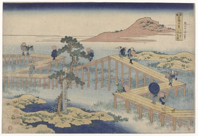 Sikksakkbroen i Mikawa provinsen Mikawa no yatsuhashi no kozu (tittel på objekt) Utsikt over berømte broer i provinsene (serietittel) Shokoku Meikyo Kiran (tittel på objekt) av Katsushika Hokusai