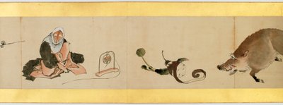 Detalj av Handscroll med diverse bilder, Edo Period, 1839 blekk og farger på papir av Katsushika Hokusai