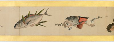 Detalj av Handscroll med diverse bilder, Edo Period, 1839 blekk og farger på papir av Katsushika Hokusai